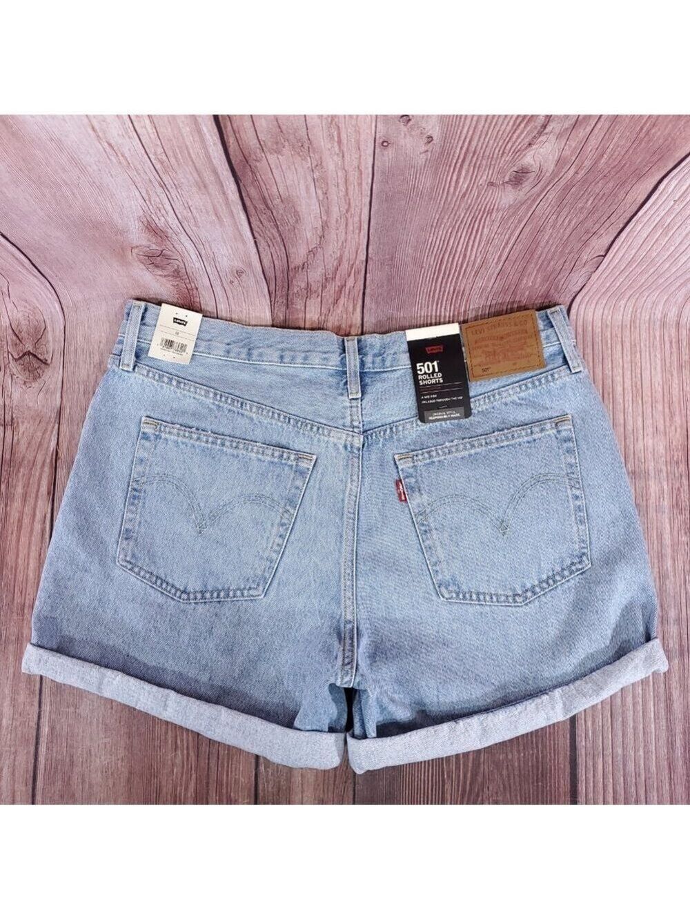 NWT Levis Womens Size 32 501 Rolled Shorts Mid Rise Button Fly Big E Denim Blue - Picture 2 of 16